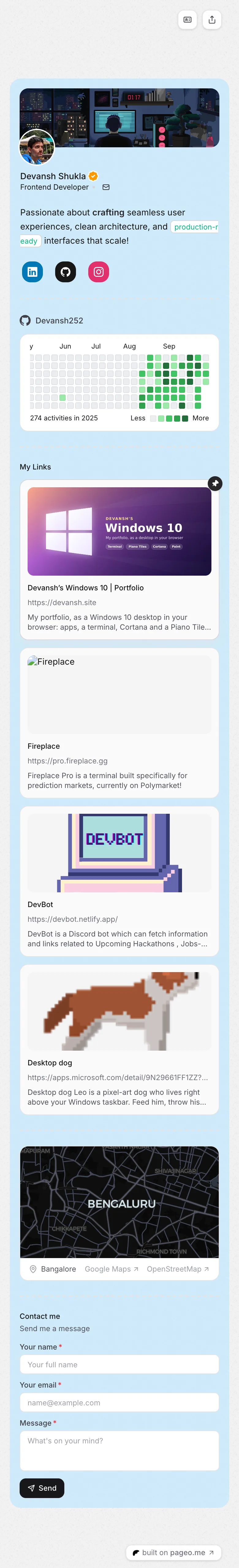 Devansh Shukla's pageo page on a phone, from top to bottom