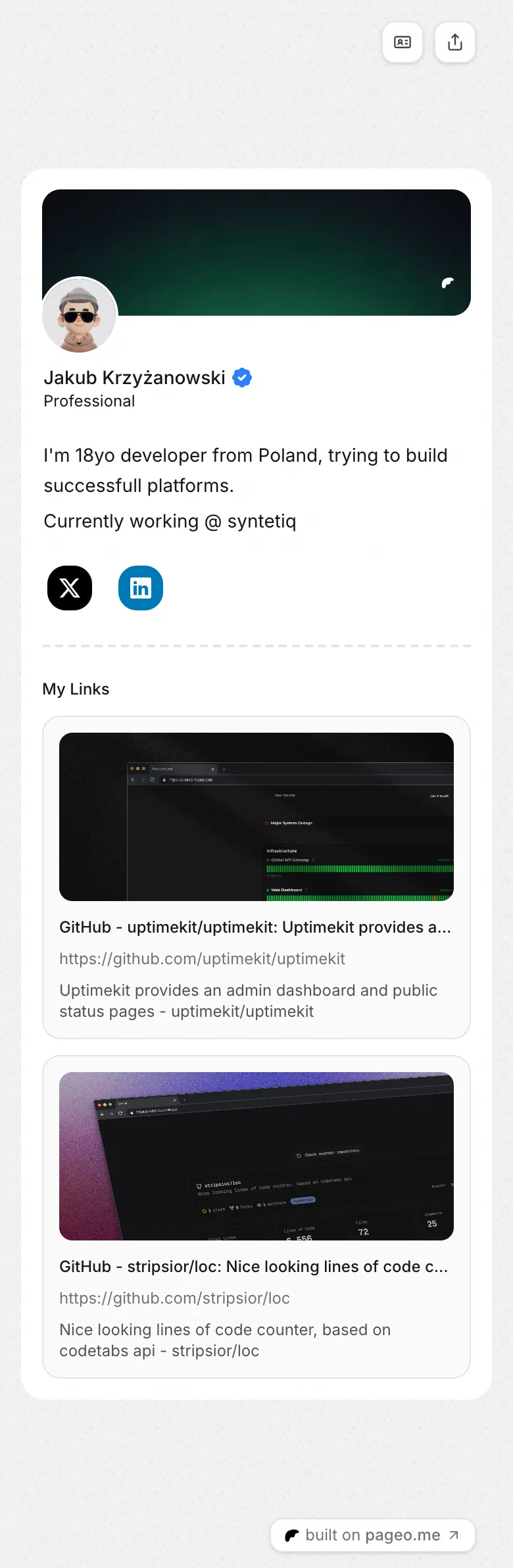 Jakub Krzyżanowski's pageo page on a phone, from top to bottom