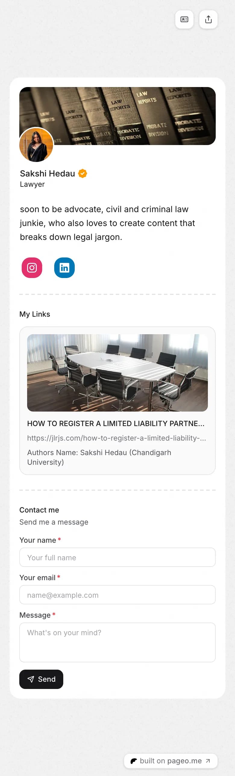 Sakshi Hedau's pageo page on a phone, from top to bottom