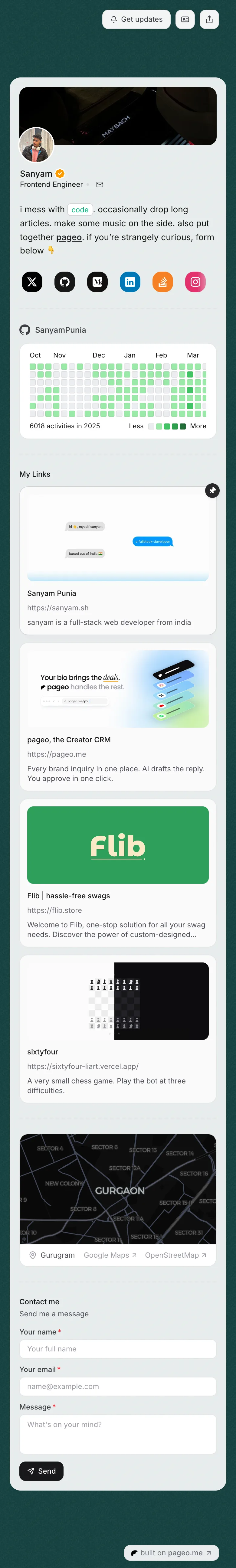 Sanyam's pageo page on a phone, from top to bottom
