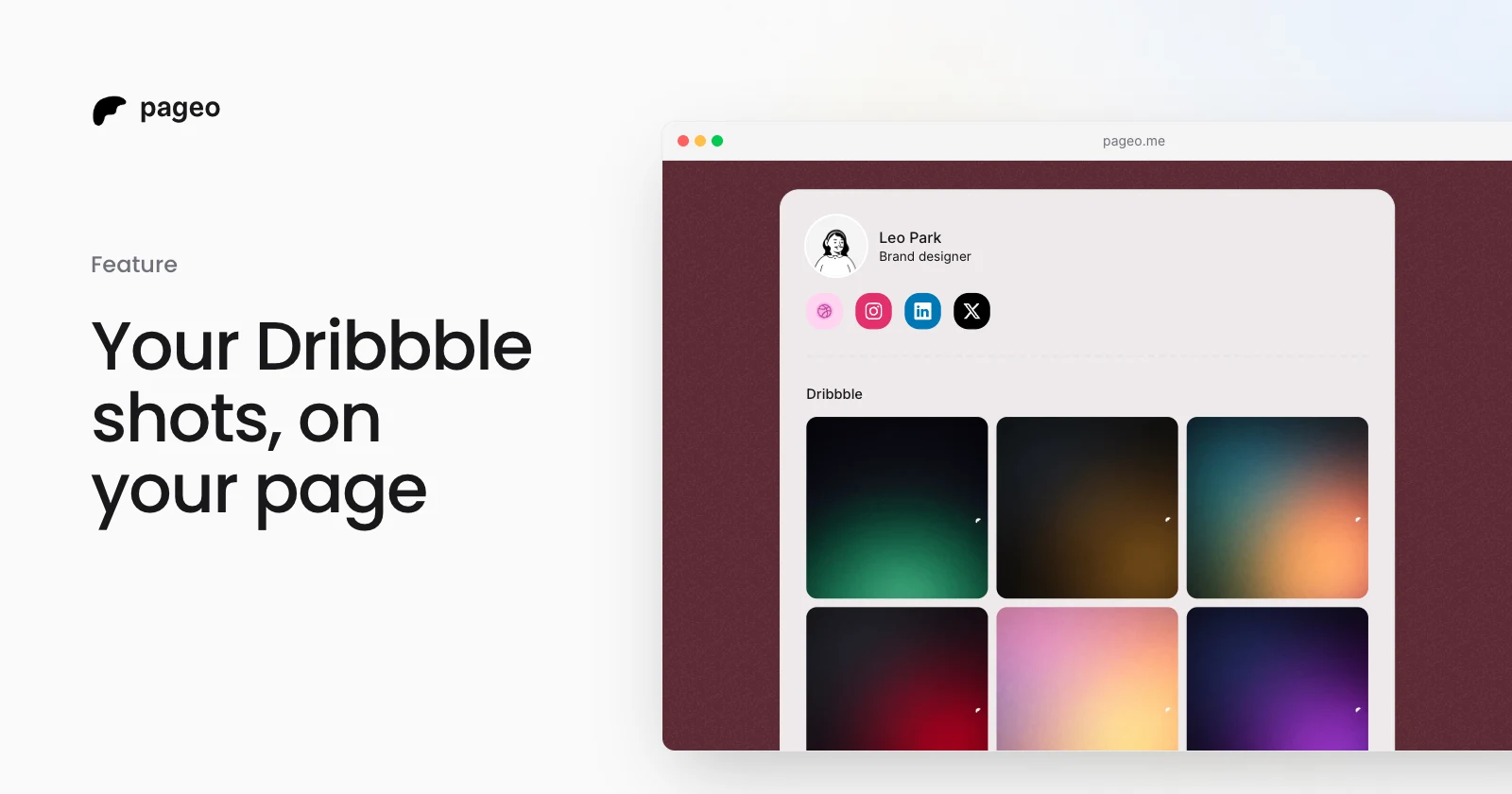 A pageo profile showing a designer's latest Dribbble shots in a three-column grid