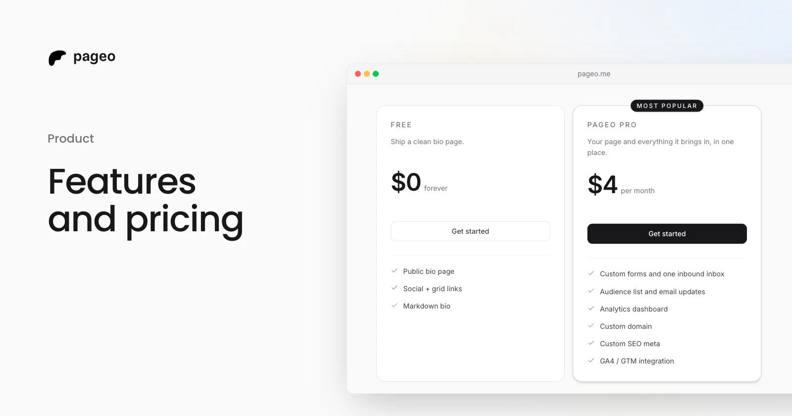 The pageo Free and pageo Pro plans side by side