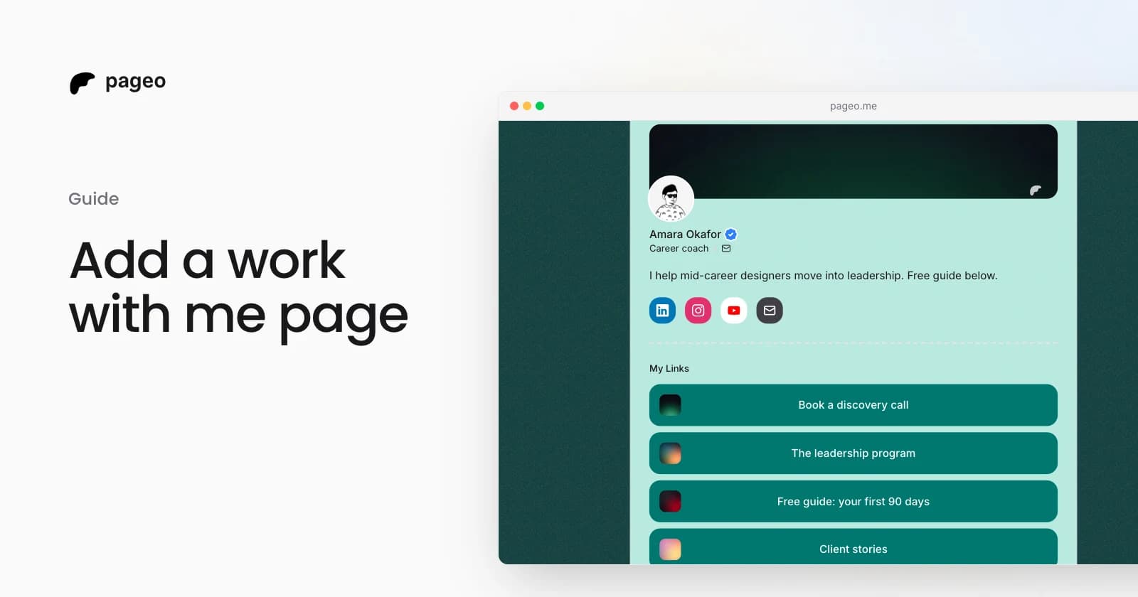 A pageo profile for a career coach with filled teal buttons for a discovery call, a program, and a free guide
