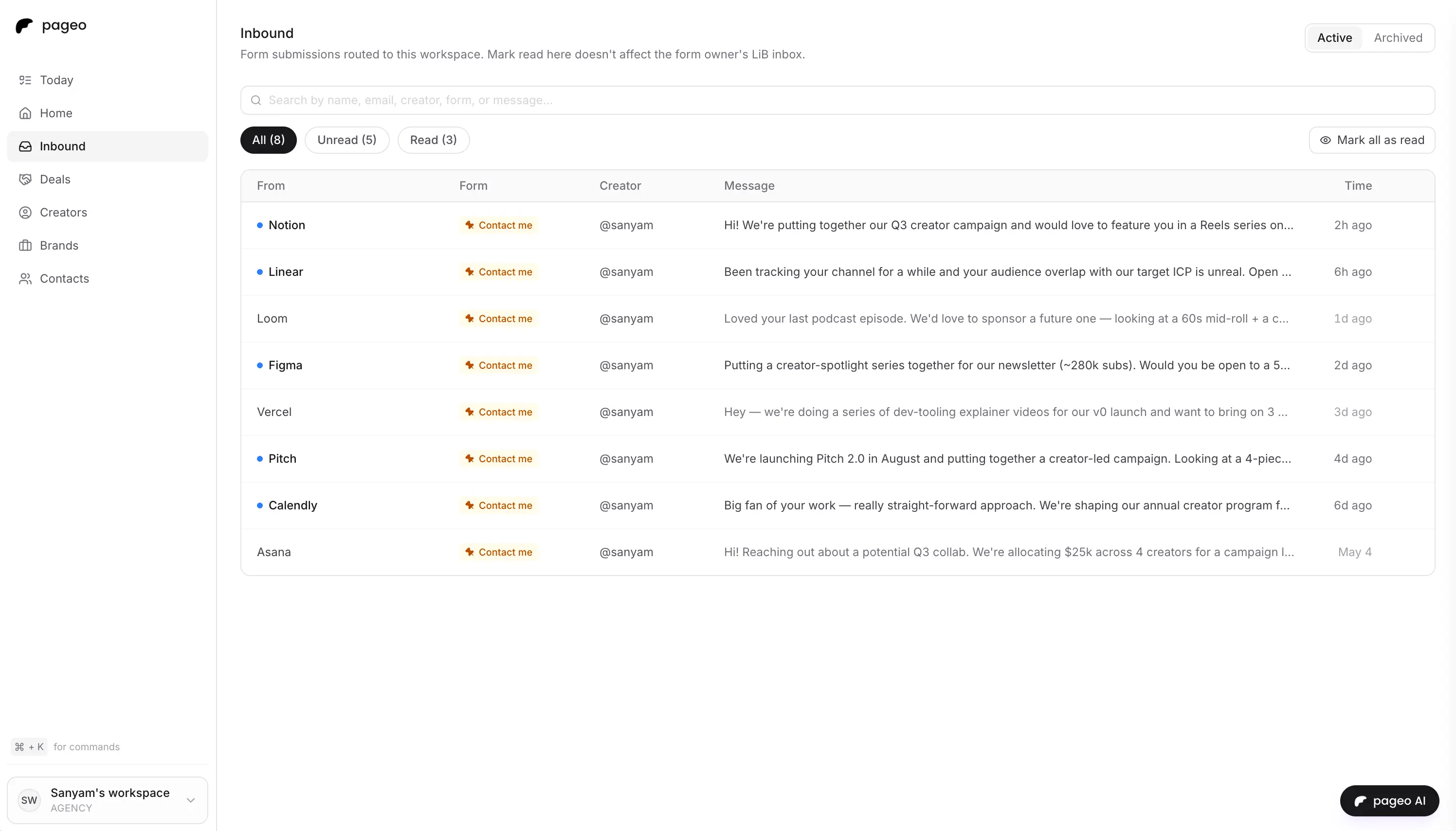 pageo Pipeline inbox listing recent brand inquiries