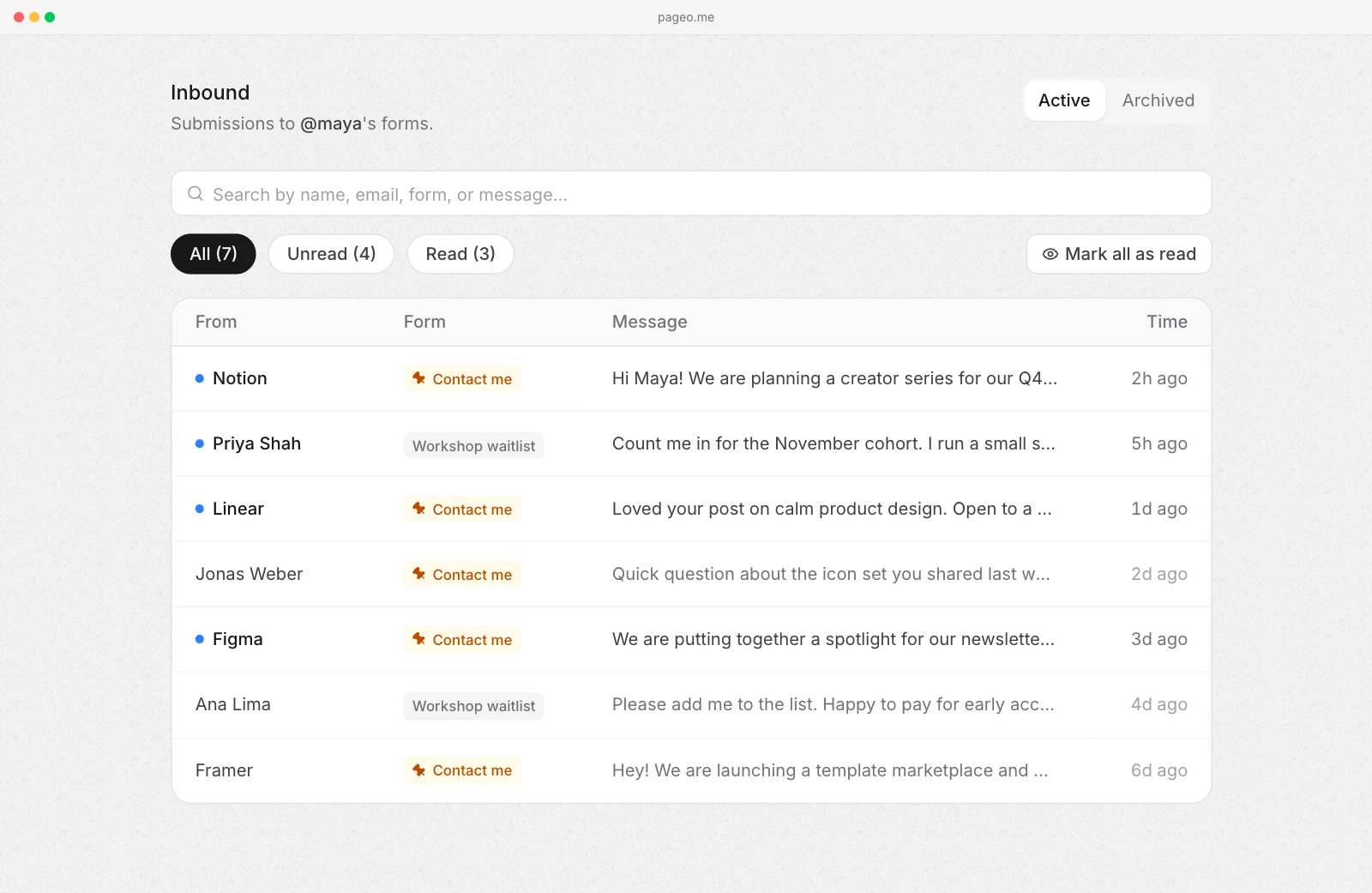The pageo inbound inbox listing messages sent through a profile's forms